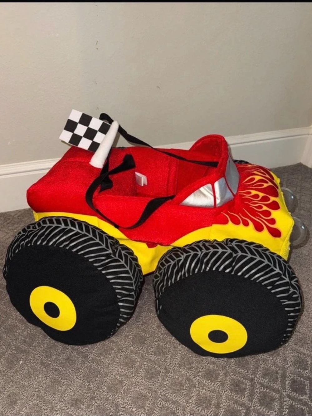 Red and Yellow Monster Truck Kids Costume with Checkered Flag